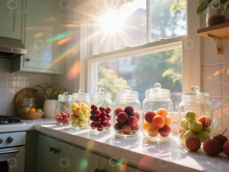高清大图下载【趣麦麦图】阳光洒满厨房窗台上的果酱罐