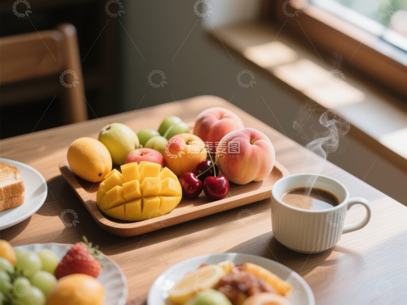 高清大图下载【趣麦麦图】温馨早餐：水果拼盘与热咖啡