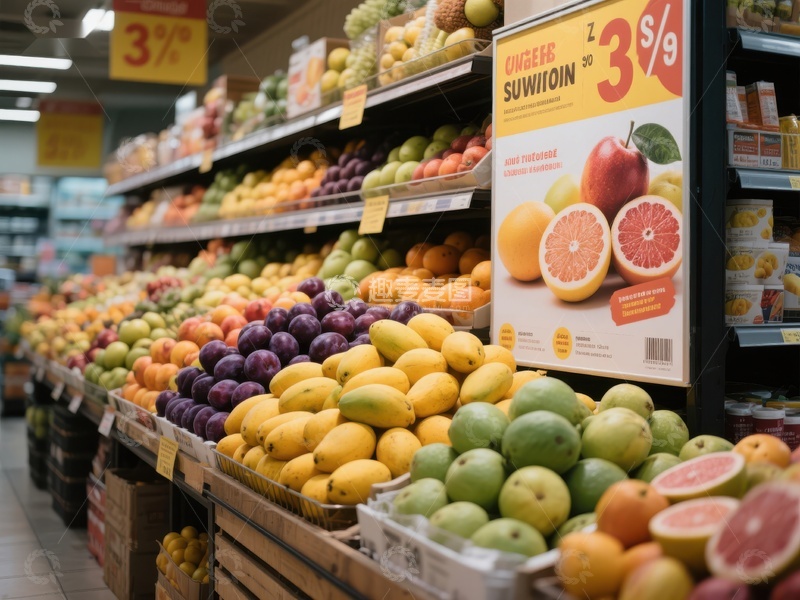 高清大图下载【趣麦麦图】超市水果区陈列与促销海报