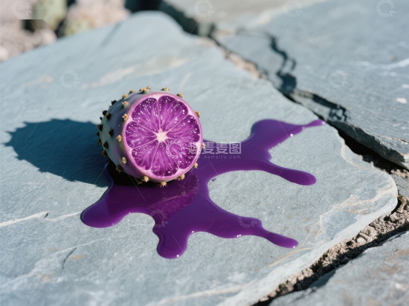 高清大图下载【趣麦麦图】紫色果实切面与汁液在石板上的特写