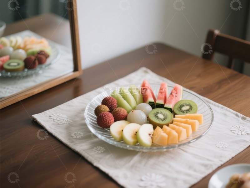 高清大图下载【趣麦麦图】新鲜水果拼盘摆放在木质餐桌
