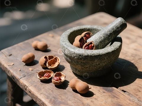 石臼中的坚果与木桌上的散落果实