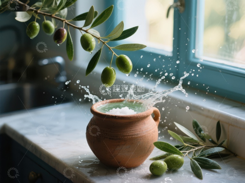 高清大图下载【趣麦麦图】橄榄枝落入陶罐，水花四溅