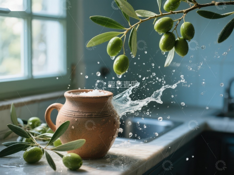 高清大图下载【趣麦麦图】橄榄枝与陶罐的水花瞬间