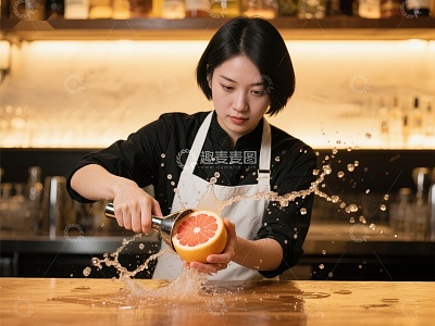 调酒师挤橙汁制作饮品