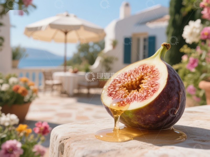 高清大图下载【趣麦麦图】切开的无花果滴落蜂蜜，庭院美景相伴