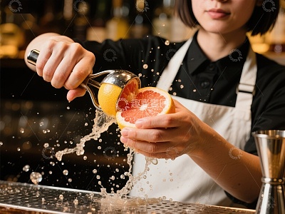 调酒师挤榨新鲜葡萄柚