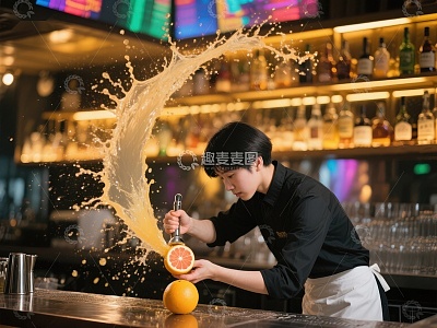 调酒师挤橙汁，液体飞溅瞬间