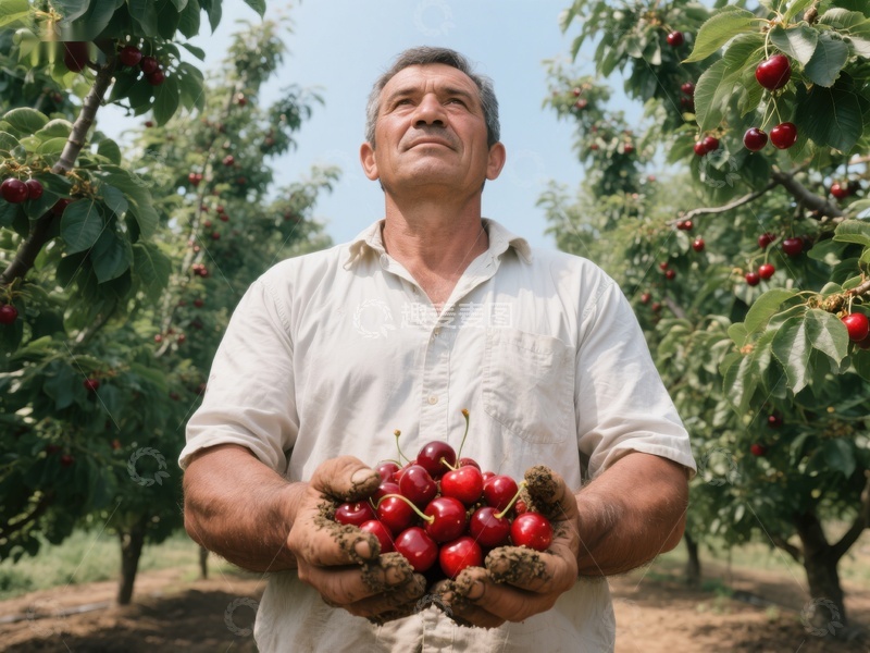 高清大图下载【趣麦麦图】果园农夫手捧樱桃