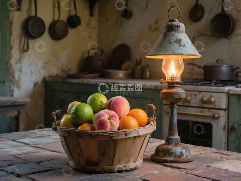 高清大图下载【趣麦麦图】复古厨房中的水果篮与老式台灯
