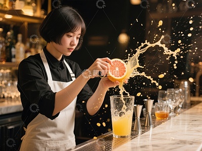 调酒师挤橙汁，果汁四溅