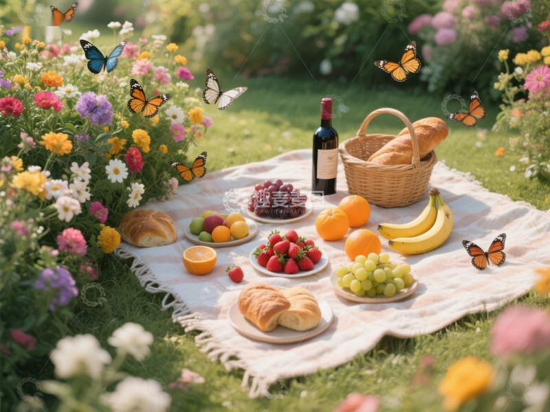 高清大图下载【趣麦麦图】花园野餐，水果面包与蝴蝶