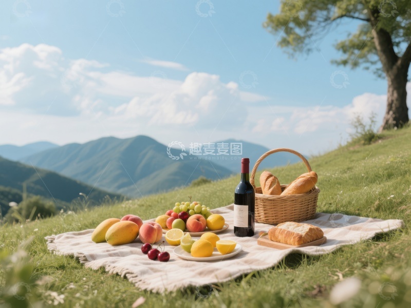 高清大图下载【趣麦麦图】山间草地上的野餐布置