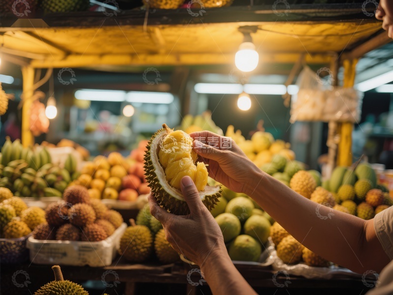 高清大图下载【趣麦麦图】夜市摊位前挑选榴莲的场景