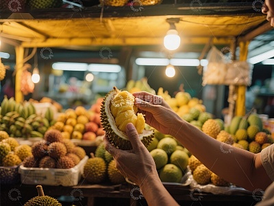 夜市摊位前挑选榴莲的场景