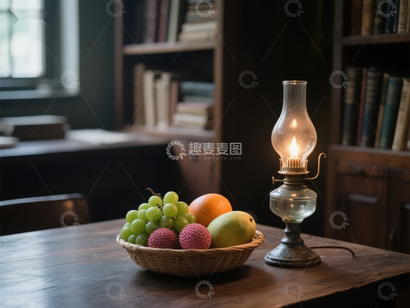 高清大图下载【趣麦麦图】复古油灯与水果篮静物