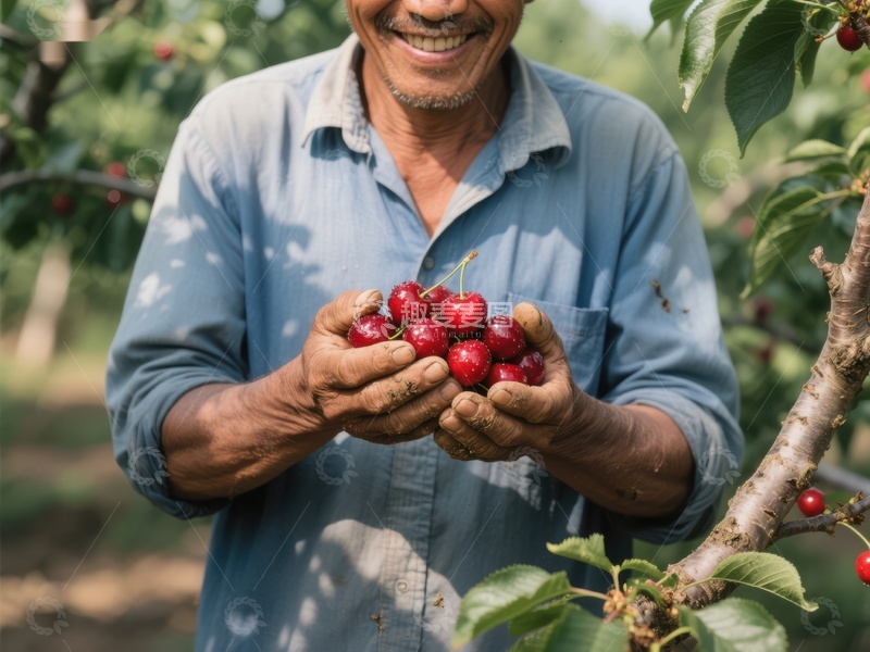 高清大图下载【趣麦麦图】农夫手捧新鲜樱桃微笑
