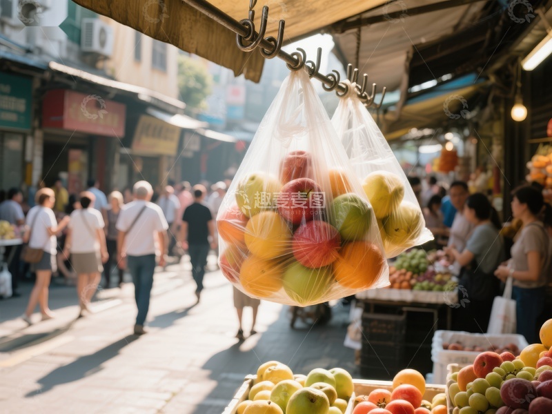 高清大图下载【趣麦麦图】市场摊位前悬挂的水果袋