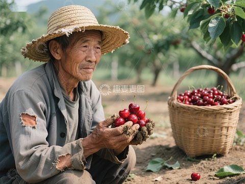 农夫手捧樱桃，篮中果实累累