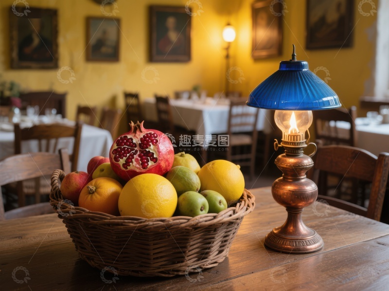 高清大图下载【趣麦麦图】复古餐厅里的水果篮与台灯