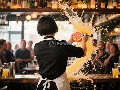 调酒师挥锤击橙，果汁四溅