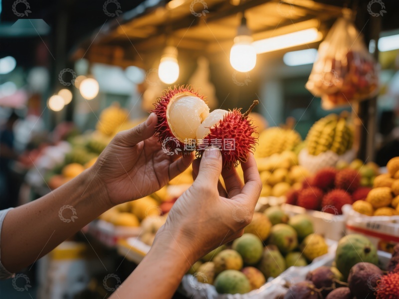 市场摊位前挑选新鲜水果