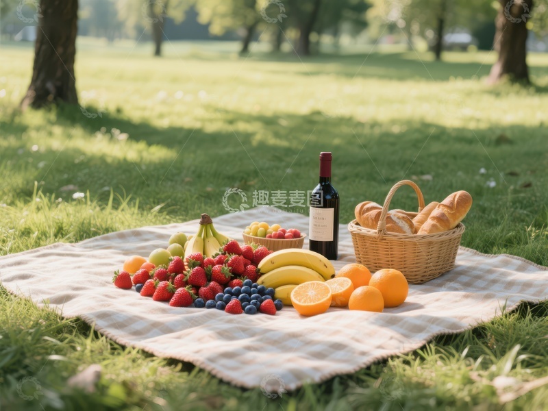 高清大图下载【趣麦麦图】公园野餐布上的美食与美酒