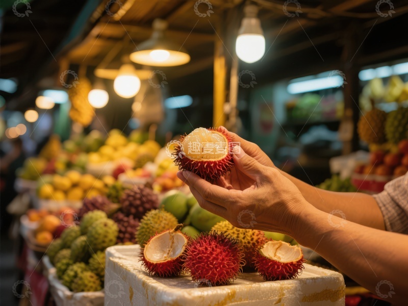 市场摊位上的新鲜荔枝