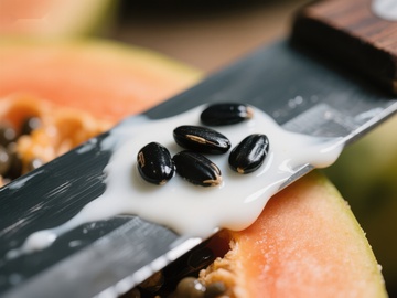 切开的瓜果与刀上的种子