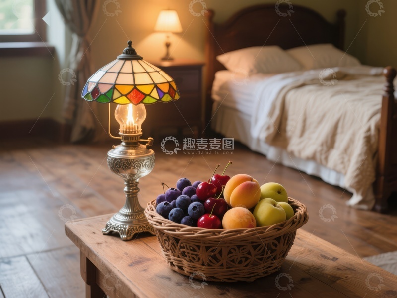 高清大图下载【趣麦麦图】温馨卧室中的水果篮与彩灯