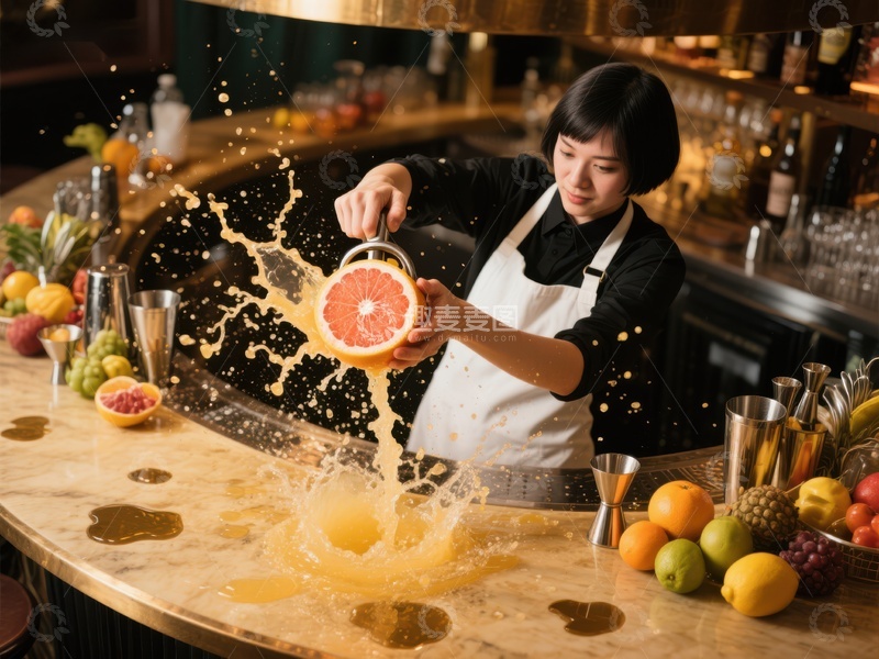 高清大图下载【趣麦麦图】调酒师挤橙汁制作饮品