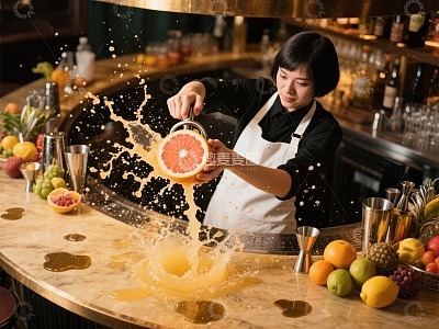 调酒师挤橙汁制作饮品