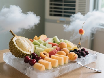 冰雕果盘上的热带水果盛宴