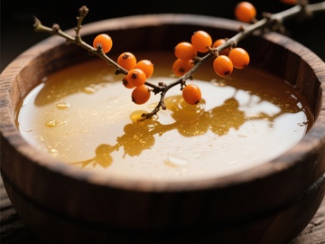 木碗中的蜂蜜与橙色浆果