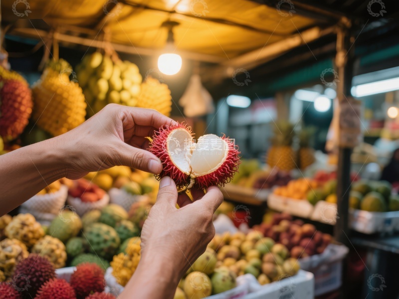 高清大图下载【趣麦麦图】市场摊位前展示新鲜红毛丹