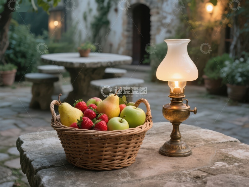 高清大图下载【趣麦麦图】篮装水果与古灯庭院夜景