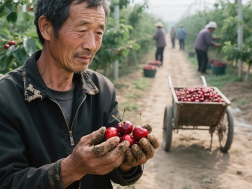 农民手捧樱桃，果园丰收景象