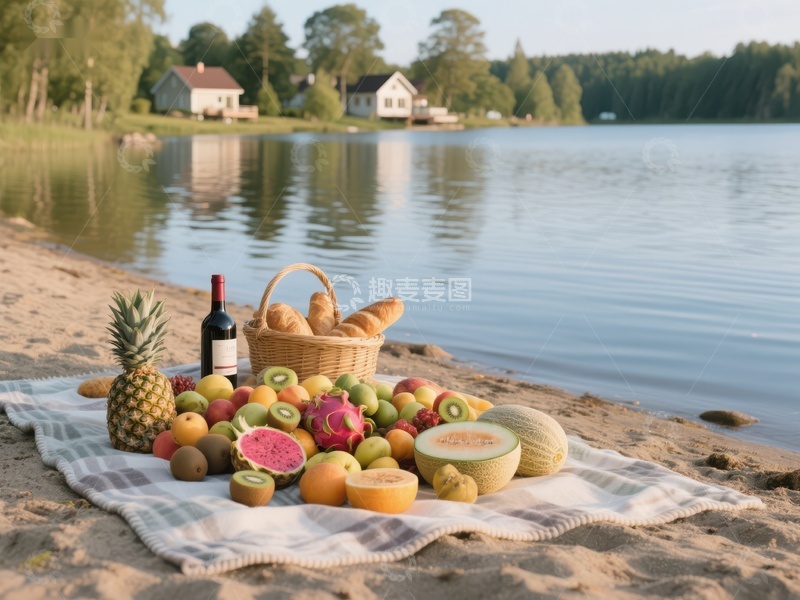 高清大图下载【趣麦麦图】湖畔沙滩上的水果野餐