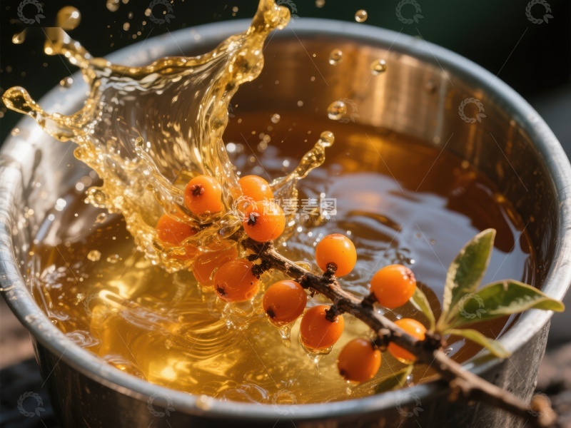 高清大图下载【趣麦麦图】海 buckthorn 浆果落入蜂蜜中溅起