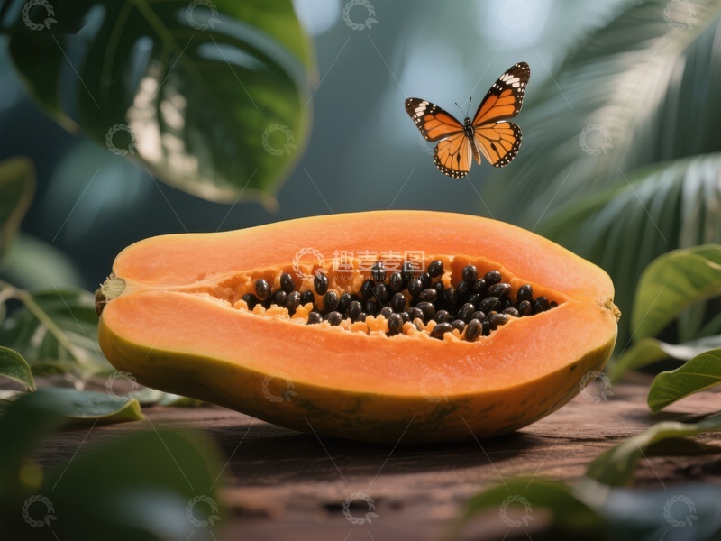 高清大图下载【趣麦麦图】木瓜切开，蝴蝶飞舞