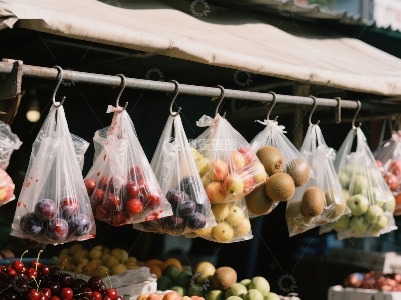 高清大图下载【趣麦麦图】市场摊位上悬挂的袋装水果