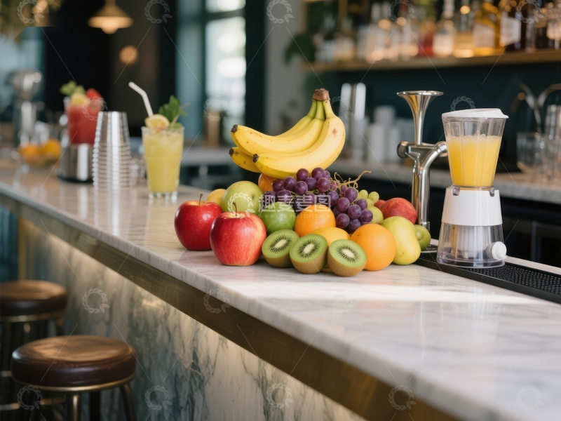 高清大图下载【趣麦麦图】吧台上的新鲜水果与饮品