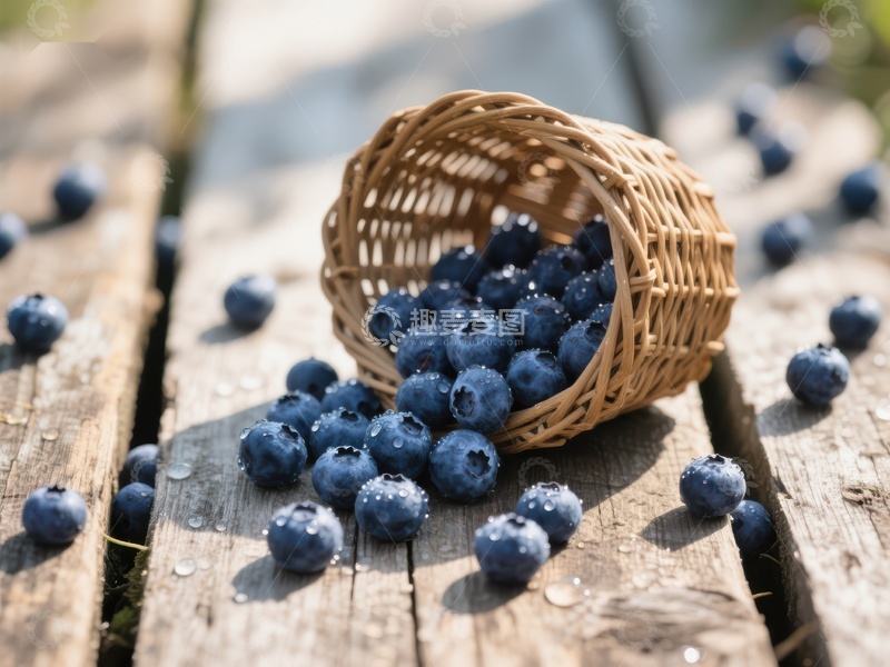 高清大图下载【趣麦麦图】蓝莓散落篮中，木质桌面上的清新景象