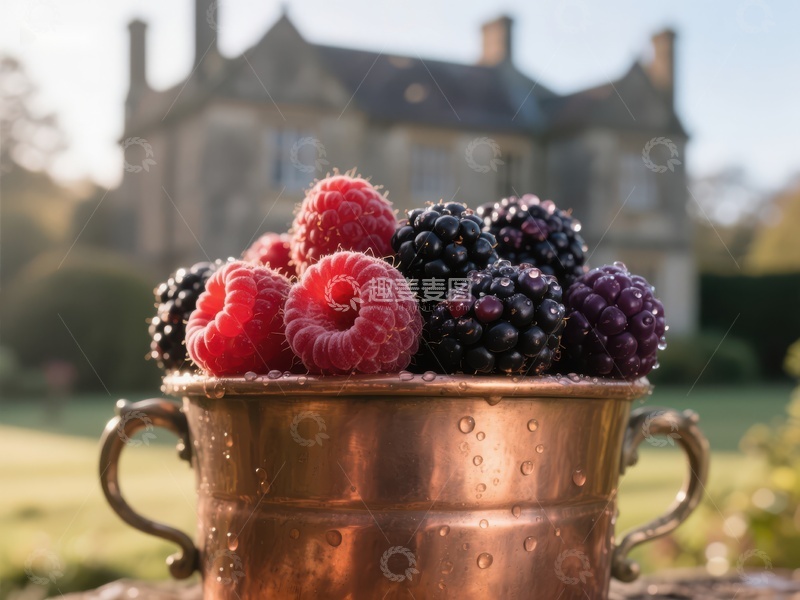 高清大图下载【趣麦麦图】铜碗盛满新鲜浆果，背景为古宅
