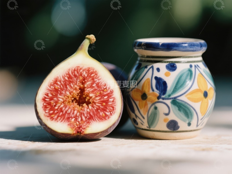 高清大图下载【趣麦麦图】切开的无花果与彩绘罐