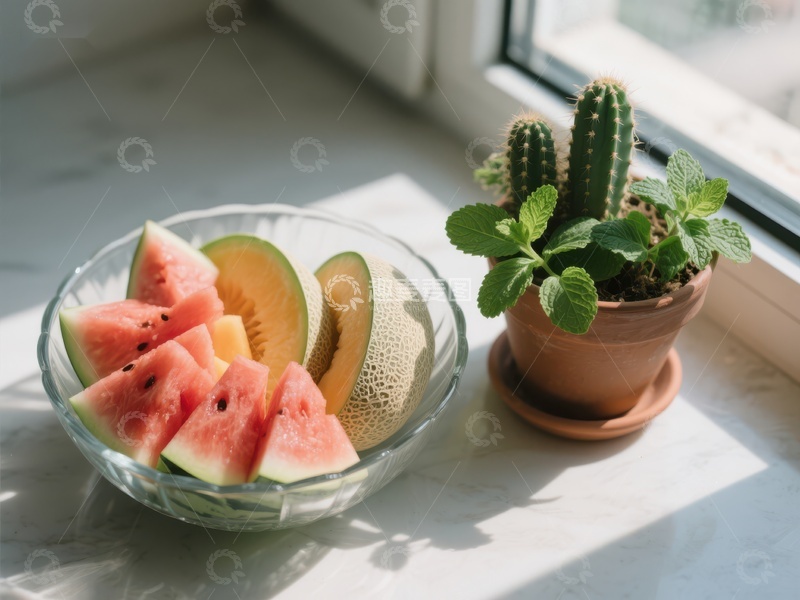 高清大图下载【趣麦麦图】窗边的水果拼盘与仙人掌盆栽