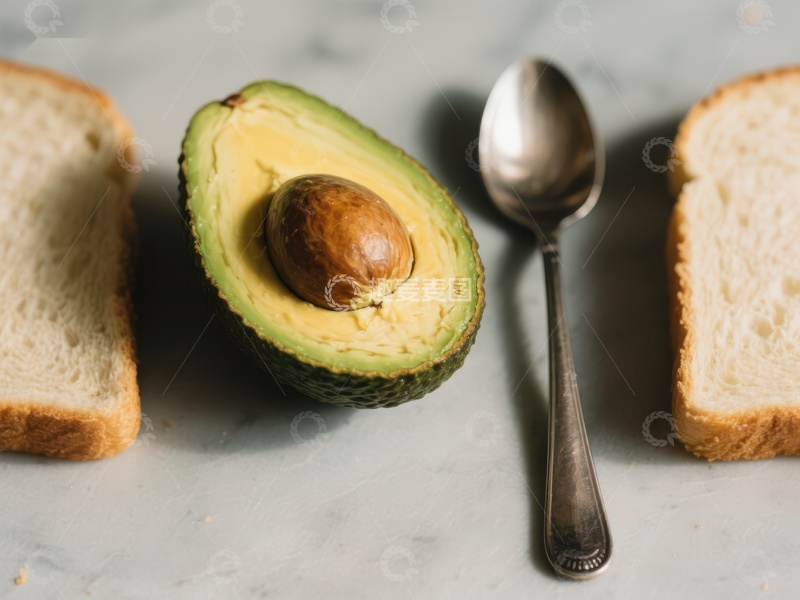 高清大图下载【趣麦麦图】切开的牛油果与面包和勺子