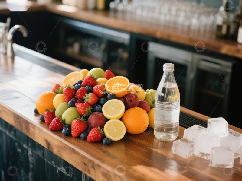高清大图下载【趣麦麦图】吧台上的新鲜水果与冰块