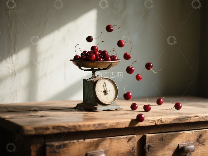 高清大图下载【趣麦麦图】樱桃跃动于复古秤上
