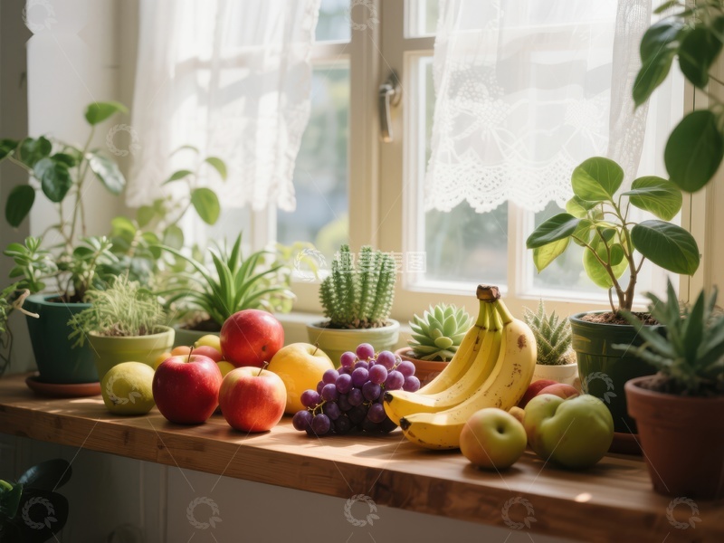 高清大图下载【趣麦麦图】窗台上的水果与绿植